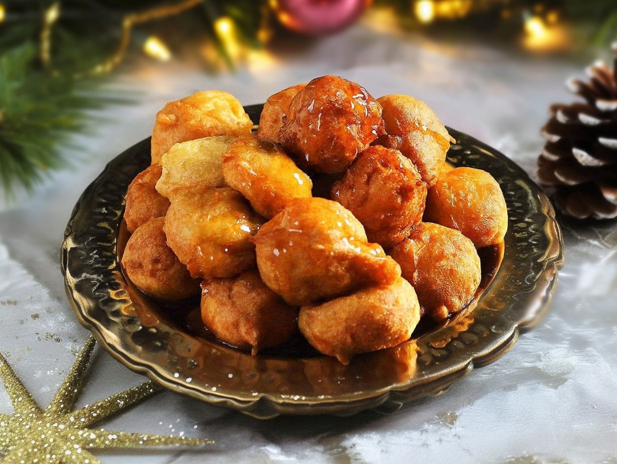 Sonhos de Natal com calda de açúcar