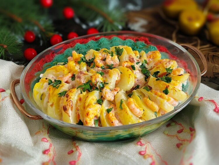 Batatas gratinadas com camarão