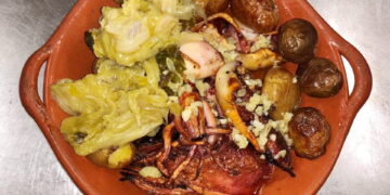 Lulas grelhadas com batata a murro